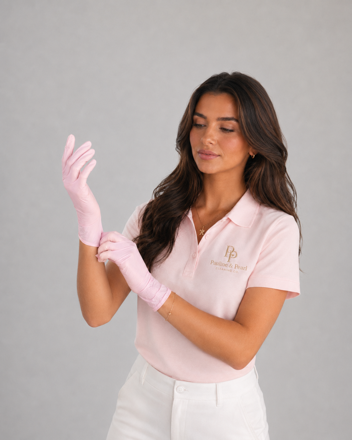 Founder of Pauline & Pearl putting on pink cleaning gloves